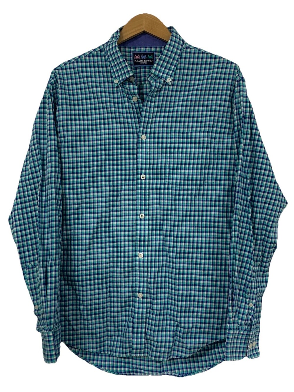 Charleston Threads Button Down Shirt Mens XL Blue Green Check Cotton